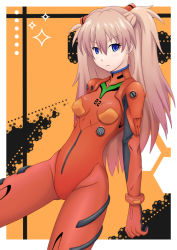 Rule 34 | arms at sides, bad id, bad pixiv id, blue eyes, brown hair, cowboy shot, from side, frown, hair between eyes, legs apart, long hair, neon genesis evangelion, orange background, outside border, plugsuit, seffilia, skin tight, solo, souryuu asuka langley, standing, thighs, two side up