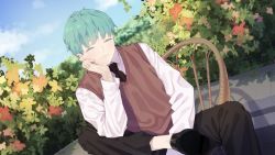 Rule 34 | 1boy, ^ ^, agnamore, arm support, bad id, bad pixiv id, black footwear, black necktie, black pants, blue sky, blush, brown flower, chair, closed eyes, closed mouth, cloud, collared shirt, commentary request, day, dutch angle, ear piercing, facing viewer, flower, green hair, korean commentary, long sleeves, male focus, necktie, on chair, original, outdoors, pants, piercing, pink flower, red flower, shirt, shoe soles, shoes, sitting, sky, smile, solo, sweater vest, white flower, white shirt