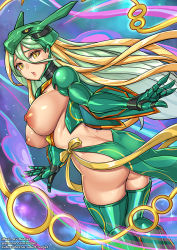 Rule 34 | 1girl, armor, ass, blonde hair, breasts, butt crack, creatures (company), embarrassed, game freak, gen 3 pokemon, green hair, hair between eyes, large breasts, legendary pokemon, long hair, mecha musume, multicolored hair, nintendo, nipples, open mouth, personification, pokemon, puffy nipples, rayquaza, redjet, sky, slit pupils, solo, thighhighs, two-tone hair, underboob, yellow eyes