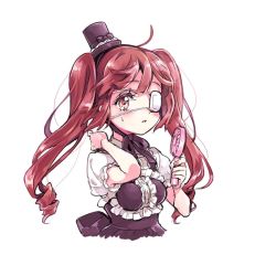 Rule 34 | 1girl, blush, breasts, brown eyes, brown hair, eyepatch, gothic lolita, hanazono yurine, hat, hoshi kuzu666, jashin-chan dropkick, lolita fashion, long hair, looking at viewer, mini hat, open mouth, simple background, small breasts, solo, twintails, upper body, white background