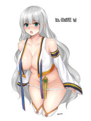 Rule 34 | 00s, 1girl, :o, bare shoulders, breasts, cleavage, detached sleeves, dungeon and fighter, female gunner (dungeon and fighter), green eyes, huge breasts, long hair, open mouth, panties, panty pull, shaojiang, silver hair, simple background, solo, thighs, underwear, very long hair, white background, white legwear