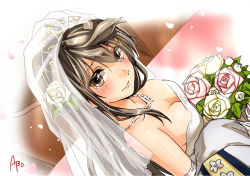 Rule 34 | 10s, 1girl, abo (hechouchou), arm hug, black hair, bouquet, breasts, brown eyes, cleavage, dress, flower, from above, haruna (kancolle), kantai collection, looking at viewer, personification, pov, solo focus, veil, wedding dress