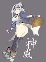Rule 34 | 10s, 1girl, ainu, ainu clothes, ass, bandana, black thighhighs, blue eyes, boots, breasts, closed mouth, commentary request, cropped jacket, dress, folded ponytail, full body, fundoshi, grey background, hair between eyes, headband, highres, isetta, japanese clothes, kamoi (kancolle), kantai collection, long hair, long sleeves, looking at viewer, panties, side-tie panties, sidelocks, simple background, sleeveless, sleeveless dress, solo, thick eyebrows, thighhighs, underwear, wavy mouth, white dress, white hair, wrist guards