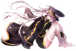 Rule 34 | 1girl, alswp5806, black hat, black jacket, black shirt, black skirt, breasts, brown hair, cleavage, closed mouth, floating hair, full body, hair between eyes, hair ornament, hat, highres, hugging own legs, jacket, jacket on shoulders, long hair, long sleeves, maplestory, military hat, no shoes, orchid (maplestory), peaked cap, purple eyes, rabbit hair ornament, shirt, sidelocks, simple background, skirt, solo, thighhighs, twintails, very long hair, white background, white thighhighs