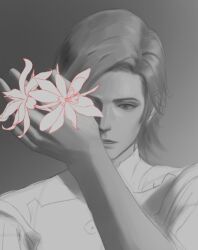 Rule 34 | 1boy, arm up, bruteblue099, collared shirt, commentary, dion lesage, english commentary, final fantasy, final fantasy xvi, flower, grey background, greyscale, hair behind ear, holding, holding flower, looking down, male focus, monochrome, one eye covered, parted lips, shirt, simple background, solo