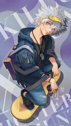 Rule 34 | 1boy, bandaid, character name, closed mouth, copyright name, english text, grey eyes, grey hair, highres, hood, hood down, hunter x hunter, jacket, killua zoldyck, looking at viewer, male focus, open clothes, open jacket, short hair, skateboard, smile, torn clothes, villainesayre