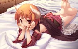Rule 34 | 1girl, :d, barefoot, bed, brown eyes, brown hair, head rest, christo wu, demon girl, detached sleeves, eternity sword series, feet, game cg, hands on own cheeks, hands on own face, hitomaru, horns, legs up, lying, on stomach, open mouth, pillow, seirei tenshou, short hair, smile, soles, solo, demon girl, toes