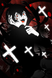 Rule 34 | 1boy, absurdres, anna-kurosaki-2, black background, black hair, black shirt, buckle, commentary request, cowboy shot, cross, dark, dark background, dark konoha, diagonal stripes, double-parted bangs, dutch angle, evil smile, facial mark, fangs, glowing, grey pants, hair between eyes, hand on own face, headphones, highres, kagerou project, konoha (kagerou project), latin cross, long sleeves, looking at viewer, male focus, mekakucity actors, open mouth, pants, partial commentary, red background, red eyes, shirt, short hair, smile, snake, solo, striped, teeth