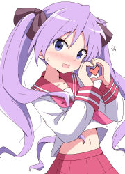 Rule 34 | 1girl, :d, absurdres, aikawa ryou, blush, bow, brown bow, collarbone, commentary request, flying sweatdrops, hair bow, hands up, heart, heart hands, highres, hiiragi kagami, long hair, long sleeves, looking at viewer, lucky star, navel, nose blush, open mouth, pleated skirt, purple eyes, purple hair, red sailor collar, red skirt, sailor collar, school uniform, serafuku, shirt, simple background, skirt, small sweatdrop, smile, solo, sweat, twintails, very long hair, wavy mouth, white background, white shirt