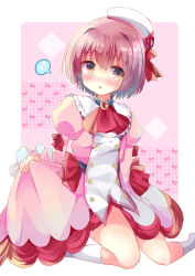 Rule 34 | 1girl, :o, beret, blush, bow, brown eyes, brown hair, ciconia no naku koro ni, commentary request, dress, feet out of frame, flying sweatdrops, hair between eyes, hair intakes, hat, juliet sleeves, kneehighs, kuriyuzu kuryuu, long sleeves, looking at viewer, meow (ciconia), nose blush, parted lips, pink dress, puffy sleeves, red bow, short hair, skirt hold, sleeves past wrists, socks, solo, spoken flying sweatdrops, tilted headwear, white hat, white socks