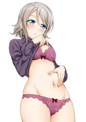 Rule 34 | 1girl, bad id, bad pixiv id, blue eyes, blush, bow, bow panties, bra, breasts, cleavage, clothes lift, grey hair, hand on own stomach, lace, lace-trimmed bra, lace-trimmed panties, lace trim, lifting own clothes, lingerie, love live!, love live! sunshine!!, medium breasts, midriff, navel, panties, purple bra, purple panties, shirt lift, short hair, simple background, solo, stomach, suzume miku, sweater, sweater lift, underwear, undressing, watanabe you, white background