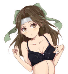 Rule 34 | 10s, 1girl, :o, alternate costume, bare arms, black bra, blush, bra, breasts, brown eyes, brown hair, cleavage, collarbone, commentary request, forehead protector, green ribbon, hachimaki, hair intakes, hair ribbon, half updo, headband, jintsuu (kancolle), jintsuu kai ni (kancolle), kantai collection, long hair, looking at viewer, menma (tmgdn), ribbon, simple background, solo, underwear, upper body, white background