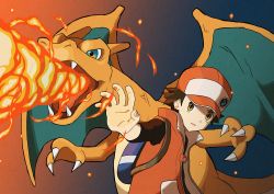 Rule 34 | 1boy, absurdres, backpack, bag, baseball cap, blue bag, breath weapon, breathing fire, brown eyes, brown hair, buttons, charizard, claws, coat, commentary request, creatures (company), fangs, fire, game freak, gen 1 pokemon, hat, highres, huge filesize, jira (ziraiya26), male focus, nintendo, open clothes, open coat, outstretched arm, pokemon, pokemon (creature), pokemon masters ex, red (pokemon), red (sygna suit) (pokemon), shirt, sleeveless, sleeveless coat, teeth, upper body, upper teeth only