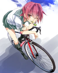Rule 34 | 10s, 1girl, bicycle, black footwear, boots, food in mouth, from above, gradient background, highres, kantai collection, kinu (kancolle), knee boots, mtu (orewamuzituda), one eye closed, pink hair, red eyes, sailor collar, school uniform, serafuku, short hair, solo
