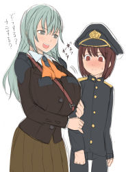 Rule 34 | 10s, 1boy, 1girl, admiral (kancolle), arm grab, blush, breasts, brown hair, child, grey eyes, hat, highres, huge breasts, kantai collection, kloah, little boy admiral (kancolle), long hair, skirt, suzuya (kancolle), translation request, uniform