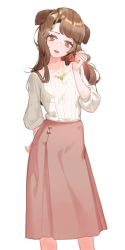Rule 34 | 1girl, animal ears, breasts, brown hair, brown skirt, collarbone, dog ears, dog girl, donuttypd, female focus, hair ornament, hairclip, half-closed eyes, hand on own hip, hand up, happy, head tilt, highres, jewelry, jpeg artifacts, long hair, long sleeves, necklace, open mouth, original, red eyes, shirt, shirt tucked in, simple background, skirt, small breasts, smile, solo, standing, white background, white shirt