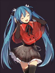 Rule 34 | 1girl, bison cangshu, black background, blue hair, closed eyes, dress, female focus, hands on own head, hatsune miku, long hair, open mouth, simple background, solo, thighhighs, twintails, very long hair, vocaloid