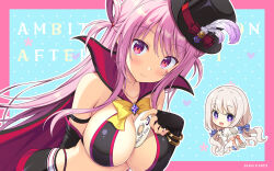 Rule 34 | 2girls, :d, ambitious mission, arise atena, arise kaguya, bare shoulders, between breasts, black gloves, black headwear, black trim, blue bow, blush, border, bow, bracelet, breasts, bright pupils, chibi, chibi inset, cleavage, cloak, closed mouth, collarbone, company name, copyright name, dress, dutch angle, elbow gloves, eyelashes, eyes visible through hair, fingerless gloves, frown, gem, gloves, hair bow, hair rings, hat, hat bow, hat feather, heart, highres, holding cd, jewelry, large breasts, light blue background, light brown hair, long hair, looking at viewer, mini hat, mini top hat, moribe (rabumanyo), multiple girls, official art, official wallpaper, open mouth, phantom thief, picpicgram, pink border, pink hair, purple eyes, purple gemstone, red bow, red cloak, red eyes, shy, sidelocks, smile, solo focus, star (symbol), star on cheek, star print, straight hair, swept bangs, top hat, two side up, upper body, very long hair, white dress, white pupils, yellow bow
