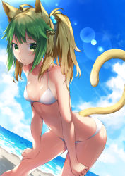 Rule 34 | 1girl, animal ears, atalanta (fate), bent over, bikini, blonde hair, blue sky, braid, breasts, cat ears, cat tail, day, dutch angle, fate/apocrypha, fate (series), green eyes, green hair, hair bobbles, hair ornament, hands on own thighs, highres, lens flare, long hair, looking at viewer, multicolored hair, navel, one side up, outdoors, shiny skin, side braid, sky, small breasts, smile, solo, strap gap, swimsuit, tail, tanaka arumi, two-tone hair, white bikini