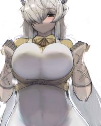 Rule 34 | 1girl, animal ears, blush, breast lift, breasts, brown eyes, collared shirt, covered erect nipples, covered navel, dress, gloves, grey hair, hair over one eye, hair ribbon, half-closed eye, hands up, highres, holding, horns, huge breasts, impossible clothes, impossible dress, kemono friends, long hair, looking at viewer, neck ribbon, ox ears, ox horns, ribbon, shibori kasu, shirt, short sleeves, simple background, sketch, solo, twintails, very long hair, white background, white dress, wing collar, yak (kemono friends), yellow shirt