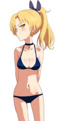 Rule 34 | 1girl, arms behind back, bikini, black bikini, black choker, black ribbon, blonde hair, blush, breasts, choker, cleavage, closed mouth, commentary, commission, cowboy shot, english commentary, frown, glaring, groin, hair ribbon, half-closed eyes, halterneck, highres, kayabakoro, looking at viewer, medium breasts, medium hair, mixed-language commentary, navel, original, pixiv commission, ponytail, ribbon, simple background, solo, standing, swimsuit, white background, yellow eyes
