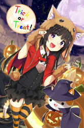 Rule 34 | 1girl, :3, :d, @ichigo, black hair, black ribbon, black skirt, blush, building, candle, cape, capelet, cat, cloud, collared shirt, copyright request, cross, english text, eyebrows, fang, full moon, halloween, hat, head tilt, highres, jack-o&#039;-lantern, leg up, long hair, moon, neck ribbon, night, open mouth, outdoors, paw pose, purple eyes, ribbon, shirt, skirt, sky, smile, solid circle eyes, speech bubble, star (sky), starry sky, striped clothes, striped thighhighs, thighhighs, trick or treat, white shirt, wing collar, witch, witch hat, wolf hat