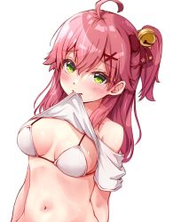 Rule 34 | 1girl, ahoge, bare shoulders, bell, blush, breasts, cleavage, clothes in mouth, clothes lift, green eyes, hair bell, hair ornament, hairclip, highres, hololive, long hair, looking at viewer, medium breasts, navel, pink hair, sakura miko, solo, tmo-cat, upper body, virtual youtuber, white background, x hair ornament