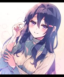 Rule 34 | 1girl, aicedrop, blush, breasts, closed mouth, doki doki literature club, dutch angle, hair between eyes, hair ornament, hairclip, injury, letterboxed, long hair, long sleeves, looking at viewer, purple eyes, purple hair, ribbed sweater, scar, self-harm, simple background, smile, solo, sweater, turtleneck, turtleneck sweater, upper body, very long hair, yuri (doki doki literature club)