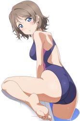 Rule 34 | 1girl, absurdres, ass, barefoot, blue eyes, blush, breasts, brown hair, facing viewer, feet, highres, love live!, love live! sunshine!!, medium breasts, nagi mkrnpn, one-piece swimsuit, poolside, short hair, sideboob, soles, solo, swimsuit, thighs, toes, watanabe you