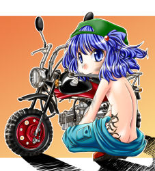 Rule 34 | 1girl, ass, bad id, bad pixiv id, blue eyes, blue hair, butt crack, crow (crowatelier), downpants, female focus, flat chest, hair bobbles, hair ornament, hat, jude, jumpsuit, kawashiro nitori, looking back, matching hair/eyes, mechanic, motor vehicle, motorcycle, mouth hold, sherbet, short hair, solo, tattoo, topless, touhou, twintails, two side up, vehicle, wrench
