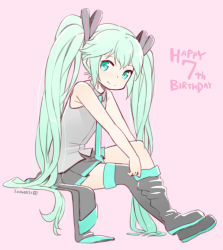 Rule 34 | 1girl, 2014, aqua hair, black footwear, black thighhighs, blush, boots, dated, full body, hatsune miku, long hair, nagian, putting on shoes, sitting, skirt, smile, solo, thigh boots, thighhighs, twintails, very long hair, vocaloid
