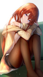 Rule 34 | 1girl, blue eyes, blush, couch, highres, jacket, long hair, looking at viewer, makise kurisu, on couch, open clothes, open jacket, pantyhose, red hair, short shorts, shorts, sitting, solo, steins;gate, yk (pixiv43531291)