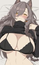 Rule 34 | 1girl, absurdres, animal ears, arknights, blush, bra, braid, breasts, commentary, earrings, english commentary, genso (thereisnosauce), highres, jewelry, large breasts, looking at viewer, lying, partially undressed, penance (arknights), penance (occasionally flushed) (arknights), solo, sweat, turtleneck, underwear, undressing, upper body, yellow eyes