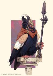 Rule 34 | animal, animal focus, artist name, bird, blue eyes, cape, chain, clothed animal, commentary, from side, full body, helmet, highres, holding, holding polearm, holding weapon, jewelry, looking at viewer, murayama ryota, necklace, no humans, original, polearm, red cape, signature, simple background, solo, spear, talons, two-tone background, weapon, yellow background
