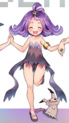 Rule 34 | 1girl, :3, acerola (pokemon), bare shoulders, black panties, blush, child, closed eyes, creatures (company), cropped, dress, elite four, flat chest, game freak, gen 7 pokemon, highres, holding hands, jewelry, long hair, matanonki, mimikyu, nintendo, open mouth, out of frame, panties, pokemon, pokemon (creature), pokemon sm, purple hair, ring, sandals, smile, solo focus, standing, standing on one leg, strapless, strapless dress, thigh gap, trial captain, underwear