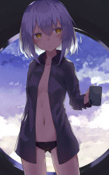 Rule 34 | 1girl, :/, animal print, black panties, blush, breasts, cat print, cloud, cloudy sky, collared shirt, commentary request, cowboy shot, cube (cube00), cup, day, gluteal fold, grey shirt, hair between eyes, head tilt, highres, holding, holding cup, long sleeves, looking at viewer, navel, no bra, no pants, open clothes, open shirt, original, panties, paw print, shirt, short hair, silver hair, sky, small breasts, solo, standing, unbuttoned, unbuttoned shirt, underwear, wing collar, yellow eyes