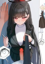 Rule 34 | 1boy, 2girls, absurdres, black hair, black nails, black necktie, black skirt, blue archive, blurry, breasts, bright pupils, buttons, censored, depth of field, doodle sensei (blue archive), fingernails, hair ornament, hairpin, halo, highres, large breasts, long hair, looking at viewer, mijikayo, mosaic censoring, multiple girls, nail polish, necktie, open mouth, penis, pleated skirt, red eyes, ringed eyes, rio (blue archive), sensei (blue archive), skirt, sweater, toki (blue archive), turtleneck, turtleneck sweater, watch, white pupils, white sweater, wristwatch