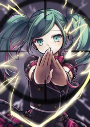 Rule 34 | 1girl, absurdres, belt, blue hair, blurry, blurry background, buttons, covered mouth, cropped jacket, crosshair, double-breasted, electricity, hair ornament, hatsune miku, hibana (vocaloid), highres, leo/need (project sekai), leo/need miku, long hair, looking at viewer, multicolored hair, nagitofuu, outstretched arms, parted bangs, pink hair, plaid, plaid skirt, project sekai, reaching, reaching towards viewer, safety pin, skirt, solo, streaked hair, twintails, two-tone hair, vocaloid