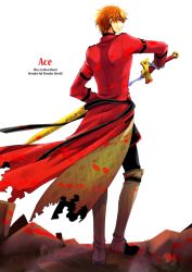 Rule 34 | 1boy, ace (kuni no alice), arm garter, blood, boots, brown hair, diamond (gemstone), diamond (shape), english text, full body, gloves, heart, heart no kuni no alice, holding, looking back, male focus, pants, red eyes, sheath, simple background, smile, solo, sword, text focus, tojo, tojo (east castle), torn clothes, unsheathing, weapon, white background, wind