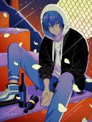 Rule 34 | 1boy, arms between legs, black jacket, blue eyes, blue hair, blue pants, bottle, commentary request, falling petals, gradient background, hair between eyes, highres, hood, hood up, hoodie, jacket, kaito (vocaloid), male focus, nokuhashi, open clothes, open jacket, outdoors, pale skin, pants, petals, shoes, short hair, signature, sitting, sneakers, solo, stairs, vocaloid, white hoodie, white petals