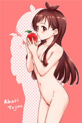 Rule 34 | 1girl, antenna hair, apple, ass, blush, breasts, brown hair, bug, character name, cleavage, collarbone, completely nude, covered erect nipples, female pubic hair, food, fruit, groin, hair ornament, hairpin, hamao, highres, holding, holding food, holding fruit, idolmaster, idolmaster cinderella girls, looking at viewer, navel, nude, pubic hair, red eyes, silhouette, simple background, small breasts, solo, tsujino akari