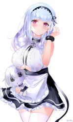 Rule 34 | 1girl, absurdres, apron, azur lane, black hairband, black skirt, blue hair, blush, breasts, closed mouth, cowboy shot, dido (azur lane), gradient hair, hairband, highres, large breasts, long hair, looking at viewer, mile (off8mile), miniskirt, multicolored hair, pink eyes, purple hair, simple background, skirt, solo, thighhighs, underboob, waist apron, white apron, white background, white thighhighs