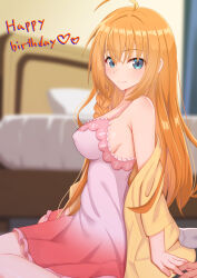 Rule 34 | 1girl, 1other, ahoge, bare shoulders, bed, blue eyes, blurry, blurry background, braid, breasts, closed mouth, commentary request, covered erect nipples, depth of field, dress, frilled dress, frills, from side, hair between eyes, happy birthday, indoors, iseshi, jacket, long hair, long sleeves, looking at viewer, looking to the side, medium breasts, off shoulder, open clothes, open jacket, orange hair, pecorine (princess connect!), pillow, pink dress, princess connect!, single braid, sitting, sleeveless, sleeveless dress, smile, solo focus, very long hair, wariza, yellow jacket
