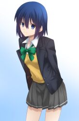 Rule 34 | 1girl, arms behind back, blazer, blue eyes, blue hair, breasts, ciel (tsukihime), commentary, highres, jacket, long sleeves, looking at viewer, medium breasts, no eyewear, pleated skirt, school uniform, shirt, short hair, skirt, smile, solo, sweater vest, symbol-only commentary, tsukihime, vent vert (kuuya)