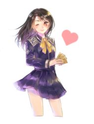 Rule 34 | 1girl, black hair, breasts, brown eyes, card, closed mouth, final fantasy, final fantasy viii, heart, long hair, looking at viewer, maimi ff, one eye closed, pleated skirt, rinoa heartilly, school uniform, simple background, skirt, smile, solo, white background