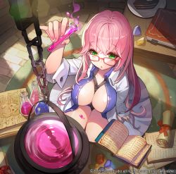 Rule 34 | 1girl, beaker, between breasts, black neckwear, blue shirt, blush, breasts, brick floor, cauldron, chain, cleavage, collared shirt, fantasica, foreshortening, from above, glasses, green eyes, gyakushuu no fantasica, lab coat, large breasts, looking at viewer, looking up, necktie, necktie between breasts, open clothes, open shirt, pink hair, red-framed eyewear, scroll, seiza, shiny skin, shirt, sitting, sweatdrop, test tube, textbook, thighs, unbuttoned, upturned eyes, whoisshe