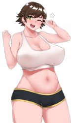 Rule 34 | 10s, 1girl, alternate breast size, bare shoulders, blush, boyshort panties, breasts, brown eyes, brown hair, cleavage, collarbone, covered erect nipples, curvy, highres, honda mio, idolmaster, idolmaster cinderella girls, large breasts, looking at viewer, midriff, navel, one eye closed, oozon (ozon), open mouth, shiny skin, short hair, simple background, smile, solo, standing, white background, yellow eyes