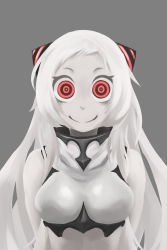 Rule 34 | 10s, 1girl, absurdres, abyssal ship, airfield princess, breasts, colored skin, crazy eyes, creepy, deel (rkeg), grey background, hairpods, highres, horror (theme), kantai collection, long hair, monster girl, red eyes, ringed eyes, smile, solo, upper body, white hair, white skin