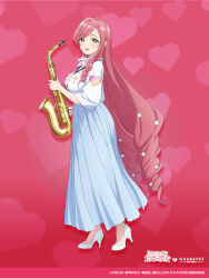 Rule 34 | 1girl, 2024, :d, alto saxophone, artist request, blue skirt, blush, breasts, clothes writing, copyright name, copyright notice, curly hair, eyelashes, fingernails, flower, from side, full body, gradient background, green eyes, hair flower, hair ornament, hanazono hahari, heart, heart background, heart print, high-waist skirt, high heels, highres, holding, holding instrument, instrument, jewelry, kimi no koto ga dai dai dai dai daisuki na 100-nin no kanojo, large breasts, long hair, long skirt, looking at viewer, looking to the side, mature female, mole, mole under eye, neckerchief, necklace, necklace between breasts, official art, open mouth, pink hair, pink nails, pleated skirt, print shirt, purple background, ringlets, saxophone, shirt, single hair intake, skirt, smile, solo, standing, swept bangs, teeth, turning head, upper teeth only, very long hair, white flower, white footwear, white neckerchief, white shirt