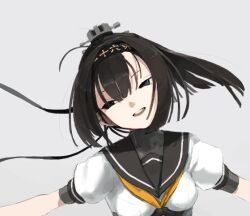 1girl akizuki_(kancolle) black_eyes black_hair black_headband black_sailor_collar blunt_ends clothes_writing grey_background hachimaki hageshii_nakano headband kantai_collection long_hair looking_to_the_side neckerchief open_mouth ponytail sailor_collar school_uniform serafuku short_sleeves simple_background smile solo upper_body yellow_neckerchief